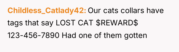 Childless_Catlady42 Our cats collars have tags that say LOST CAT...