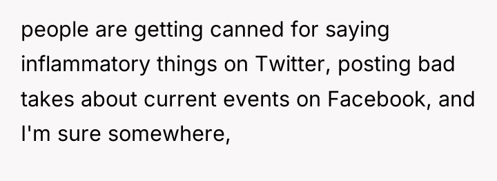 people are getting canned for saying inflammatory things on Twitter,...