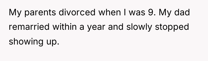 My parents divorced when I was 9. My dad remarried...