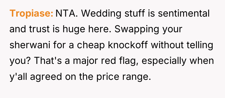Tropiase NTA. Wedding stuff is sentimental and trust is huge...