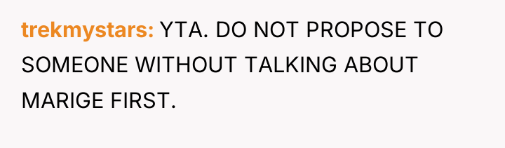 trekmystars YTA. DO NOT PROPOSE TO SOMEONE WITHOUT TALKING ABOUT...