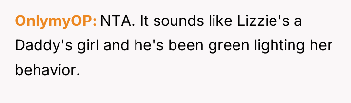 OnlymyOP NTA. It sounds like Lizzie's a Daddy's girl and...