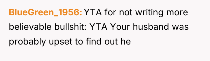 BlueGreen_1956 YTA for not writing more believable bullshit: YTA Your...