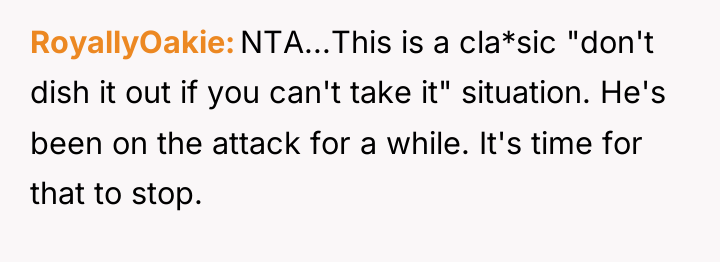 RoyallyOakie NTA...This is a cla*sic "don't dish it out if...