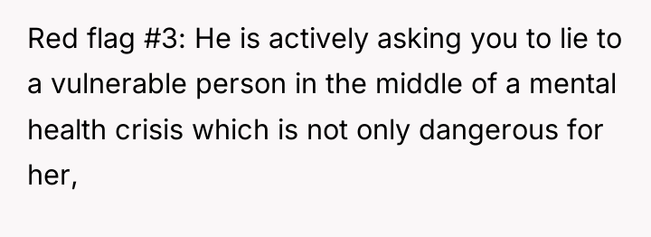 Red flag #3: He is actively asking you to lie...
