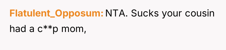 Flatulent_Opposum NTA. Sucks your cousin had a c**p mom,