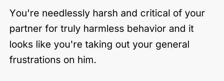You're needlessly harsh and critical of your partner for truly...