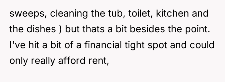 sweeps, cleaning the tub, toilet, kitchen and the dishes )...