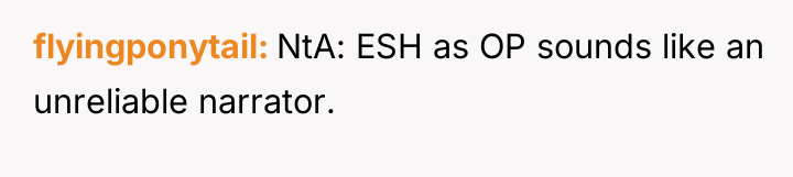 flyingponytail NtA: ESH as OP sounds like an unreliable narrator.