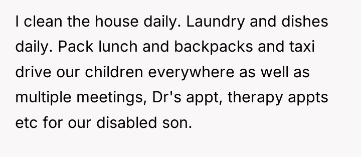 I clean the house daily. Laundry and dishes daily. Pack...