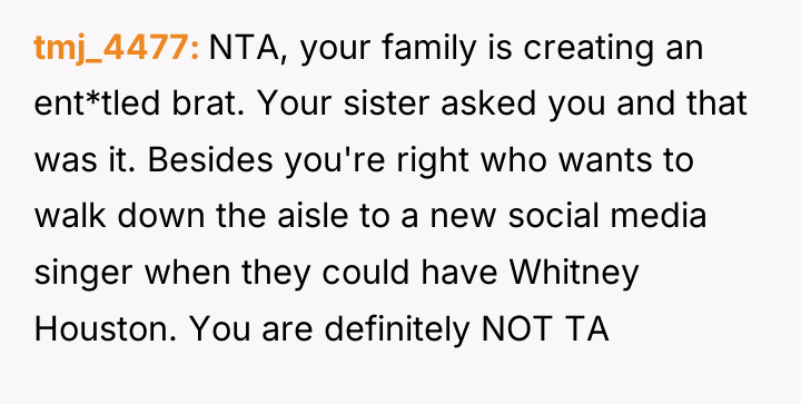 tmj_4477 NTA, your family is creating an ent*tled brat. Your...