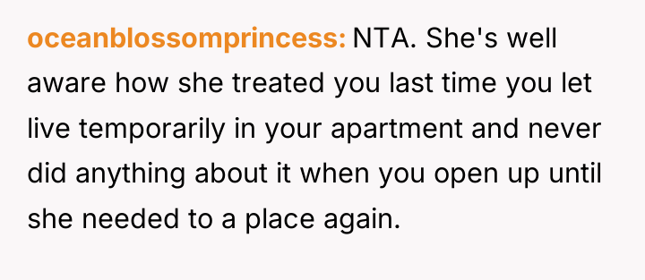 oceanblossomprincess NTA. She's well aware how she treated you last...