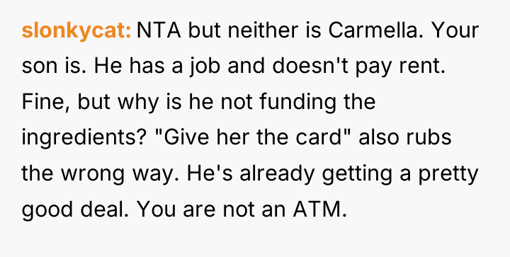 slonkycat NTA but neither is Carmella. Your son is. He...