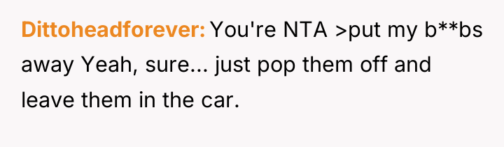 Dittoheadforever You're NTA >put my b**bs away Yeah, sure... just...