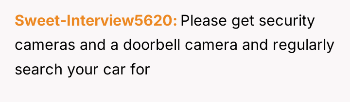 Sweet-Interview5620 Please get security cameras and a doorbell camera and...