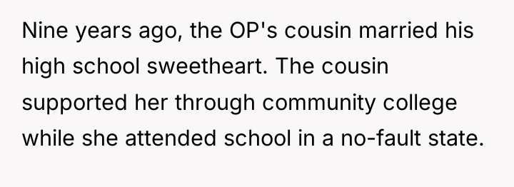 Nine years ago, the OP's cousin married his high school...