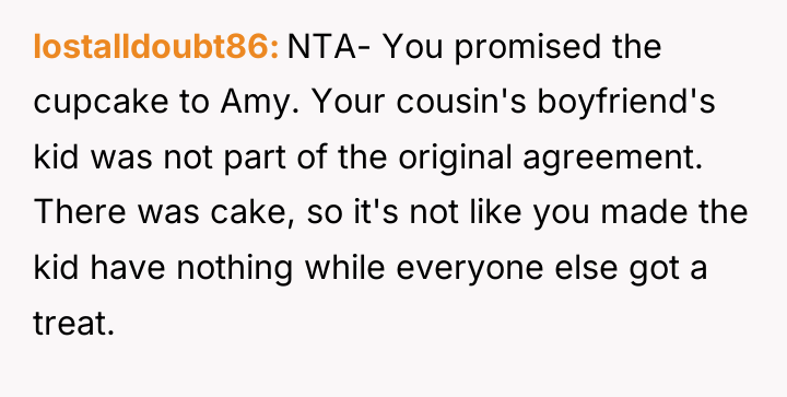 lostalldoubt86 NTA- You promised the cupcake to Amy. Your cousin's...
