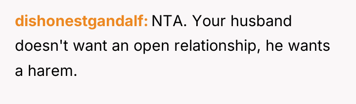 dishonestgandalf NTA. Your husband doesn't want an open relationship, he...