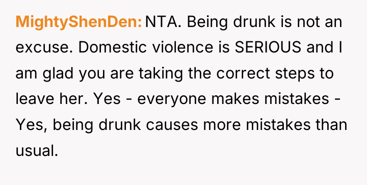 MightyShenDen NTA. Being drunk is not an excuse. Domestic violence...