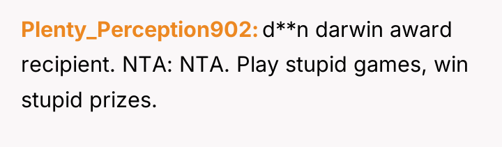 Plenty_Perception902 d**n darwin award recipient. NTA: NTA. Play stupid games,...