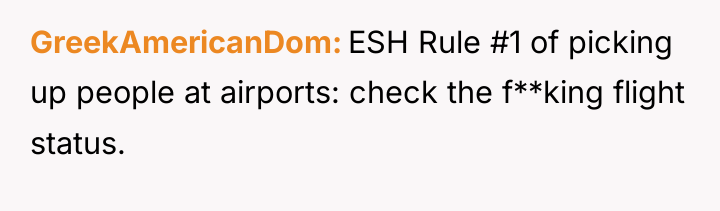 GreekAmericanDom ESH Rule #1 of picking up people at airports:...