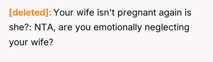 [deleted] Your wife isn't pregnant again is she?: NTA, are...