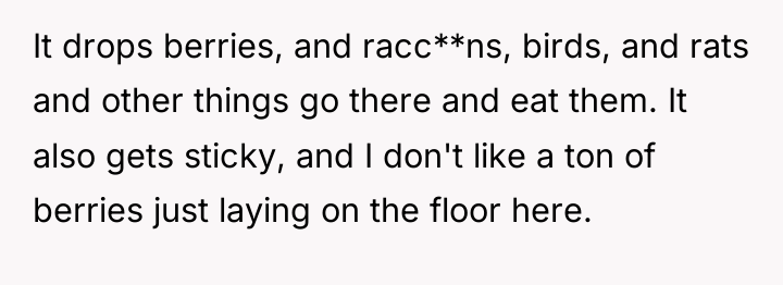 It drops berries, and racc**ns, birds, and rats and other...