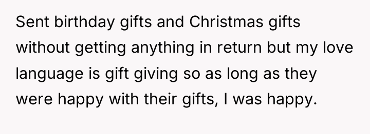 Sent birthday gifts and Christmas gifts without getting anything in...