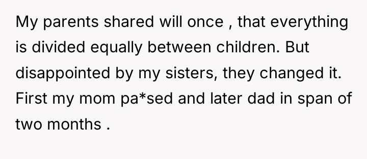 My parents shared will once , that everything is divided...