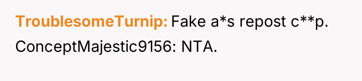 TroublesomeTurnip Fake a*s repost c**p. ConceptMajestic9156: NTA.