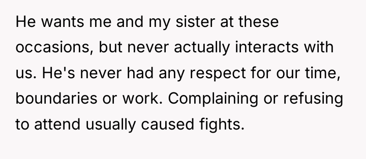 He wants me and my sister at these occasions, but...