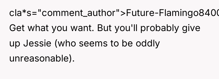 cla*s="comment_author">Future-Flamingo8400: Get what you want. But you'll probably give up...