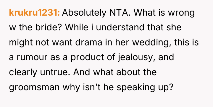 krukru1231 Absolutely NTA. What is wrong w the bride? While...