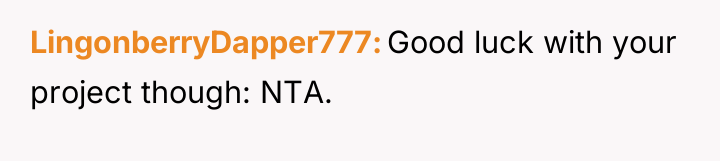 LingonberryDapper777 Good luck with your project though: NTA.