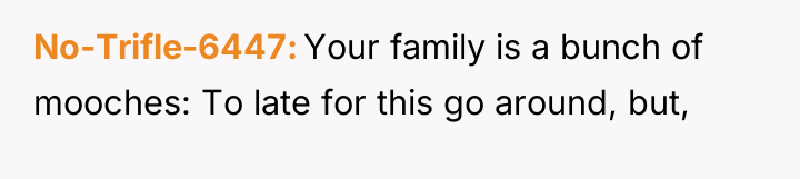 No-Trifle-6447 Your family is a bunch of mooches: To late...