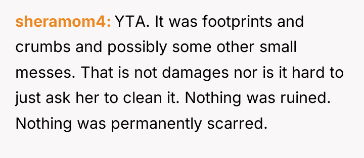 sheramom4 YTA. It was footprints and crumbs and possibly some...