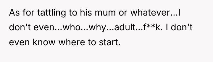 As for tattling to his mum or whatever...I don't even...who...why...adult...f**k....