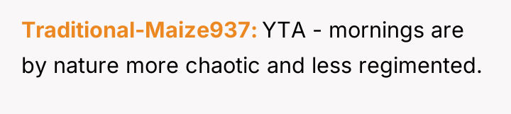 Traditional-Maize937 YTA - mornings are by nature more chaotic and...