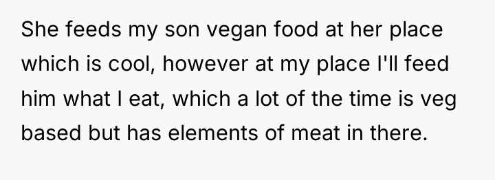 She feeds my son vegan food at her place which...