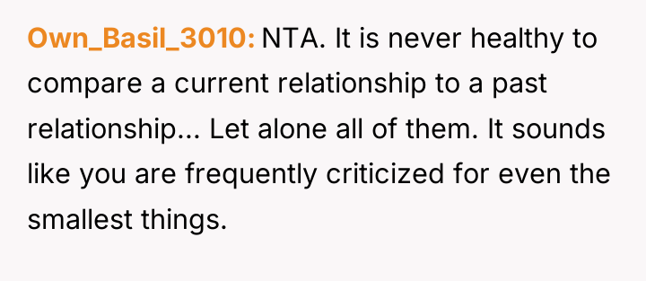 Own_Basil_3010 NTA. It is never healthy to compare a current...
