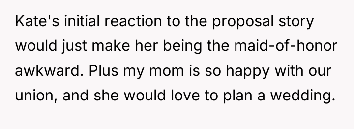 Kate's initial reaction to the proposal story would just make...