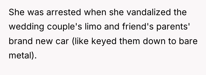 She was arrested when she vandalized the wedding couple's limo...