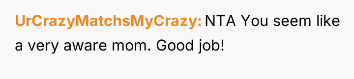 UrCrazyMatchsMyCrazy NTA You seem like a very aware mom. Good...