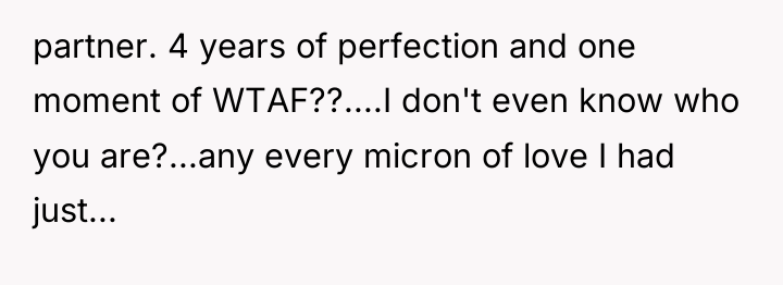 partner. 4 years of perfection and one moment of WTAF??....I...