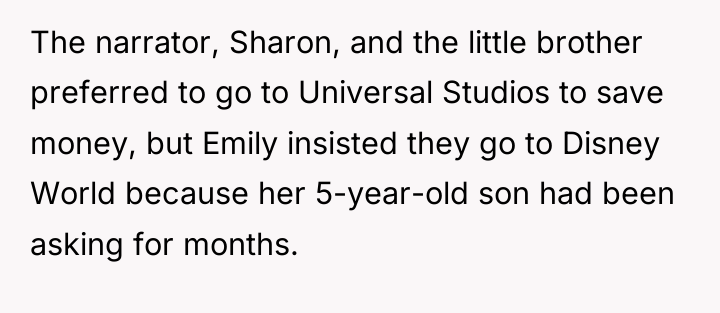 The narrator, Sharon, and the little brother preferred to go...