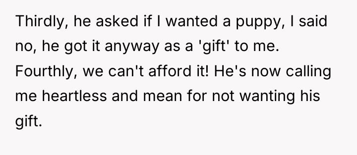 Thirdly, he asked if I wanted a puppy, I said...