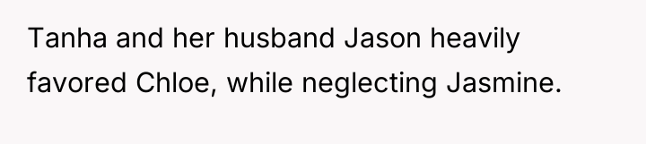 Tanha and her husband Jason heavily favored Chloe, while neglecting...