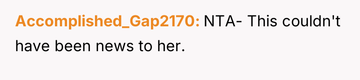 Accomplished_Gap2170 NTA- This couldn't have been news to her.
