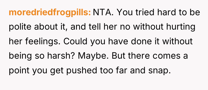 moredriedfrogpills NTA. You tried hard to be polite about it,...