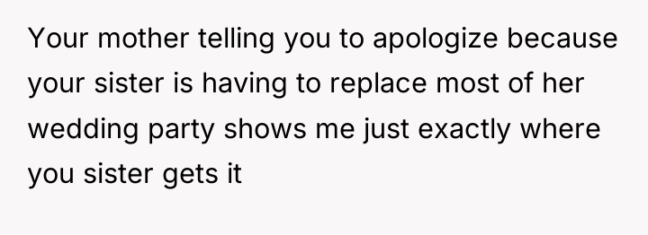Your mother telling you to apologize because your sister is...